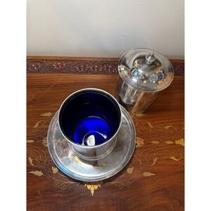 Victorian Silverplate Biscuit Box with Cobalt Blue Glass Liner
